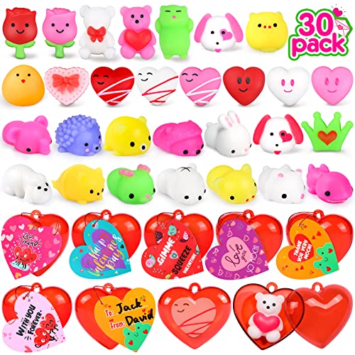 30Pcs Valentines Party Favors for Kids Valentines Mochi Squishy Toys Kawaii Squishies Filled Heart and Valentines Cards for Classroom Rewards Valentines Treat Game Prizes Exchange Gifts for Boys Girls