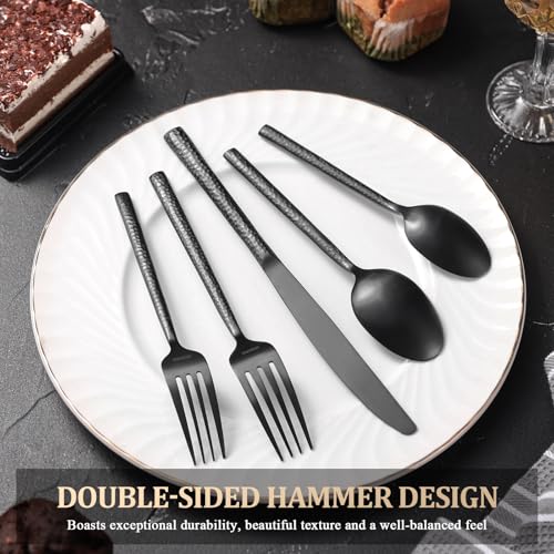 20-Piece-Heavy-Duty-Hammered-Silverware-Set-for-4Forged-Black-1810-Stainless-Steel-Flatware-SetPremium-Food-Grade-Cultery-Set-KnivesForks-and-Spoons-Tableware-SetService-for-4 20 Piece Heavy Duty Hammered Silverware Set for 4Forged Black 1810 Stainless Steel Flatware SetPremium Food Grade Cultery Set KnivesForks and Spoons Tableware SetService for 4