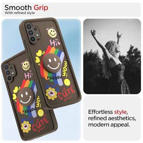 Image of Pikkme Back Cover for Samsung Galaxy A32 4G | Soft Silicone| Cute Rainbow Smile & 3D Cartoon Flower Design | Shockproof Raised Camera Protection Bumper Case (Brown)