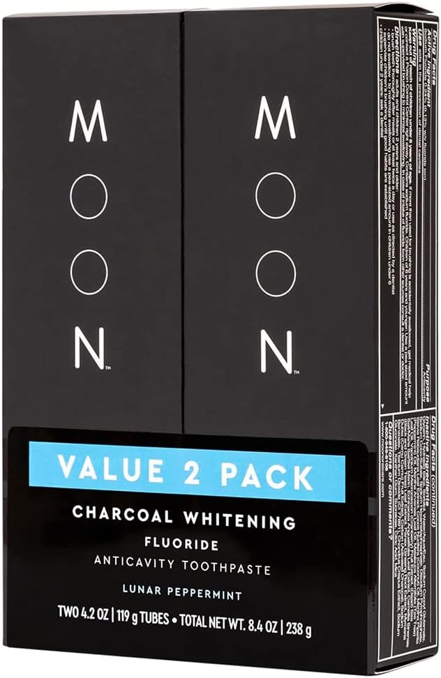 MOON Charcoal Toothpaste, Whitening Stain Removal with Cavity Protection - SLS Free Teeth Whitening Toothpaste with Fluoride - Reduce Plaque & Support Gum Health - Peppermint (2 Pack, 4.2 Oz Each)