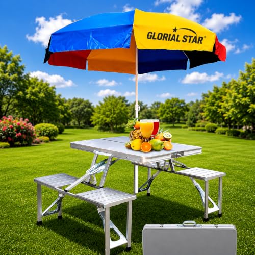 Image of Picnic Table with 4 Seats & Umbrella Hole | Heavy Duty Aluminium Outdoor Camping Table | Foldable Picnic Table Set for Garden, Beach, BBQ, Patio & Travel, H4