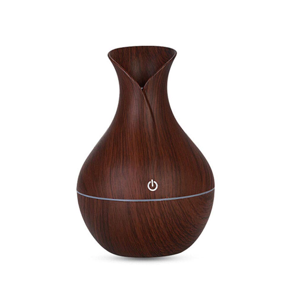 130ml Ultrasound Aroma Diffuser Creative Vase Wood Mini Mute USB Air Humidifier Household Humidifier Bedroom Essential Oil Aromatherapy Machine for Home (Dark-Color Wood Grain Seven-Color