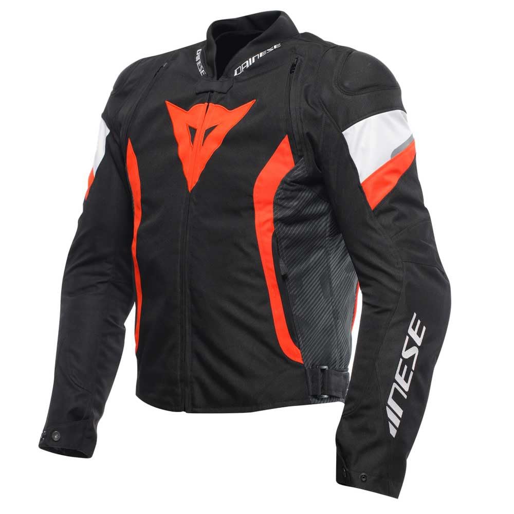 Dainese - Avro 5 Tex Jacket, Stoff-Motorradjacke mit Schulterprotektoren, Mann, Schwarz/Fluo Rot/Weiß, 46