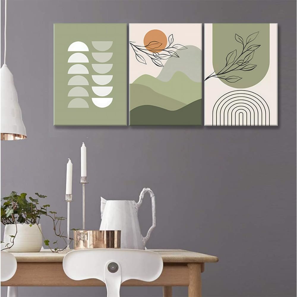 Bohemian Sage Green Canvas Wall Art-Minimalist Mid-Century Modern Bohemian Leaf Sun Moon Suitable(60x80cmx3/NO frame)