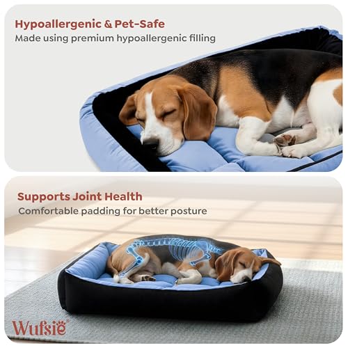 Image of Reversible Rectangle Dog Bed | Small 50 X 65 Cm Pet Bed for Puppies and Cats | Premium Velvet, Washable Fabric | Soft Sofa-Style Bed for Dog with Thick 15 Cm Insert | Black & Sky Blue