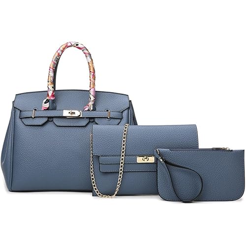 Women's Luxury Designer PU Leather Silk Ribbon Tote Handbag Clutch Handle Satchel Square Purse 3 Set Shoulder Bag