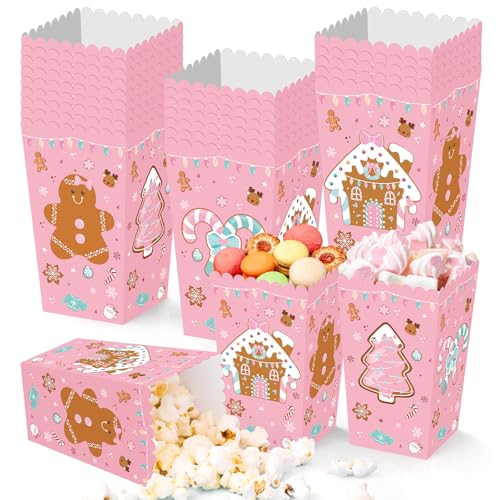 24 cajas de palomitas de maíz de Navidad rosas, cuencos de palomitas de maíz de Navidad de hombre de jengibre, bolsas de palomitas de maíz, cajas de golosinas de Navidad, cajas de dulces para niños,