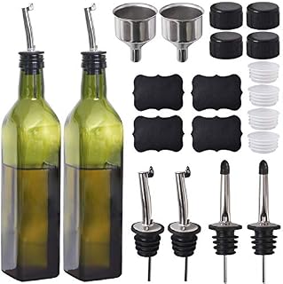 Newk Olive Oil Bottle, 500 ml Glasses Oil & Vinegar Cruet with Pourers + Funnel, Olive Oil Dispensing Cruets, Decanter, Carafe for Kitchen - Green, Set of 2