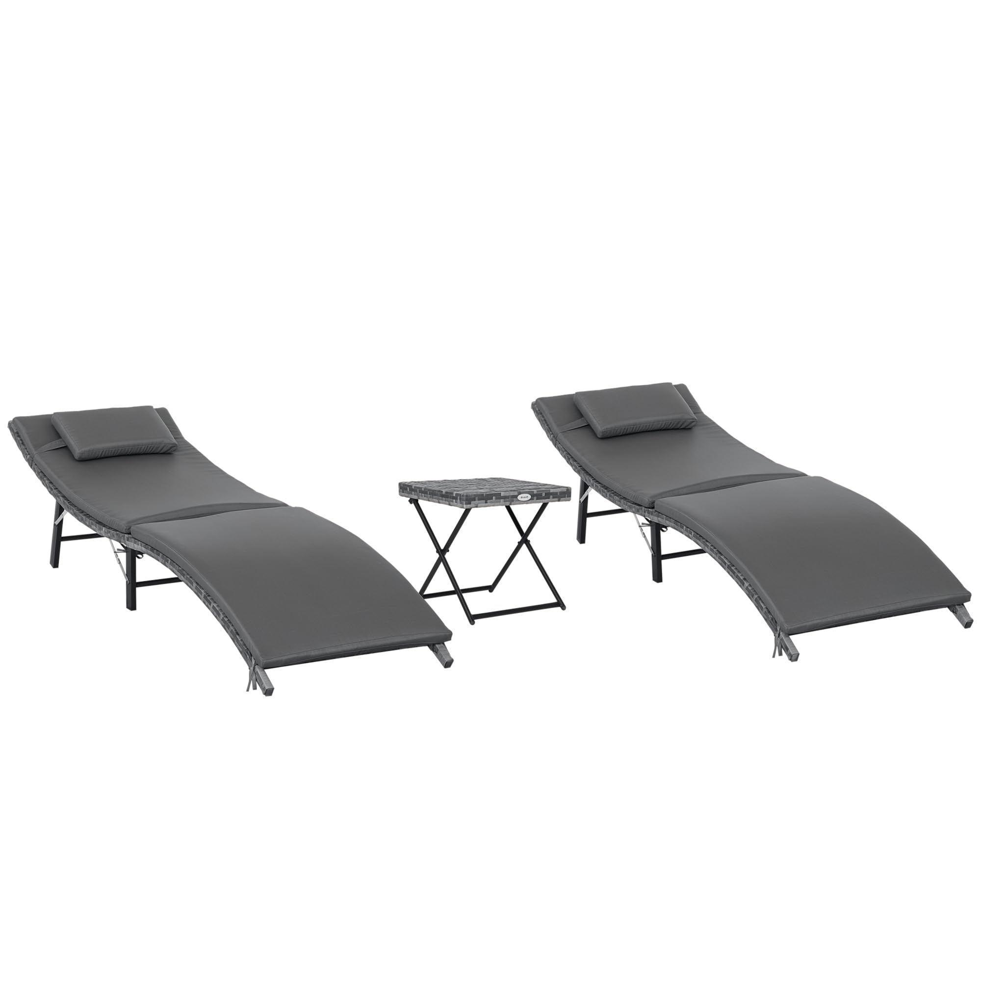 Outsunny Set 2 Lettini Prendisole Richiudibili, Sdraio da Giardino in Rattan con Cuscini Rimovibili Lavabili e Tavolino Pieghevole, Grigio
