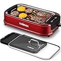 Indoor Grill, CUSIMAX Smokeless Grill Indoor, Electric Grill Griddle, 1500W Korean BBQ Grill with LED Smart Display & Tempered Glass Lid, Non-stick Removable Grill Plate & Griddle Plate, Red