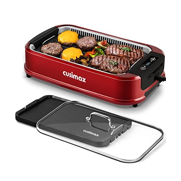 Indoor Grill, CUSIMAX Smokeless Grill Indoor, Electric Grill Griddle, 1500W Korean BBQ Grill with LED Smart Display & Tempered Glass Lid, Non-stick Removable Grill Plate & Griddle Plate, Red