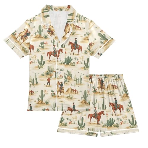 ALAZA Cowboy Cactus Satin Pajamas Set Short Sleeve Button Down Sleepwear Summer Pjs 2 Piece