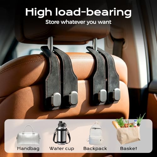 Image of Fauppt Headrest Hooks for Car Car Seat Hooks for Headrest,2026 Hooks for Purses and Bags Cute Car Purse Holder,Twinhook Leather Car Headrest Hangers Seat Back Organizers for Travel (Black*2)