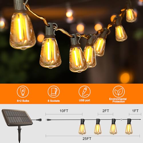25FT Solar String Lights Outdoor Waterproof with Remote Control 8+2 Shatterproof LED ST38 Bulbs for Porch Garden Market  - Additional View
