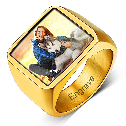 Custom4U Personalized Rings with Pictures Inside Custom Photo Ring Name Engraving Stainless Steel Signet Ring/Heart Ring Size 7-14 Customized Memorial Jewelry for Men Women (Gift Box) A-Squa