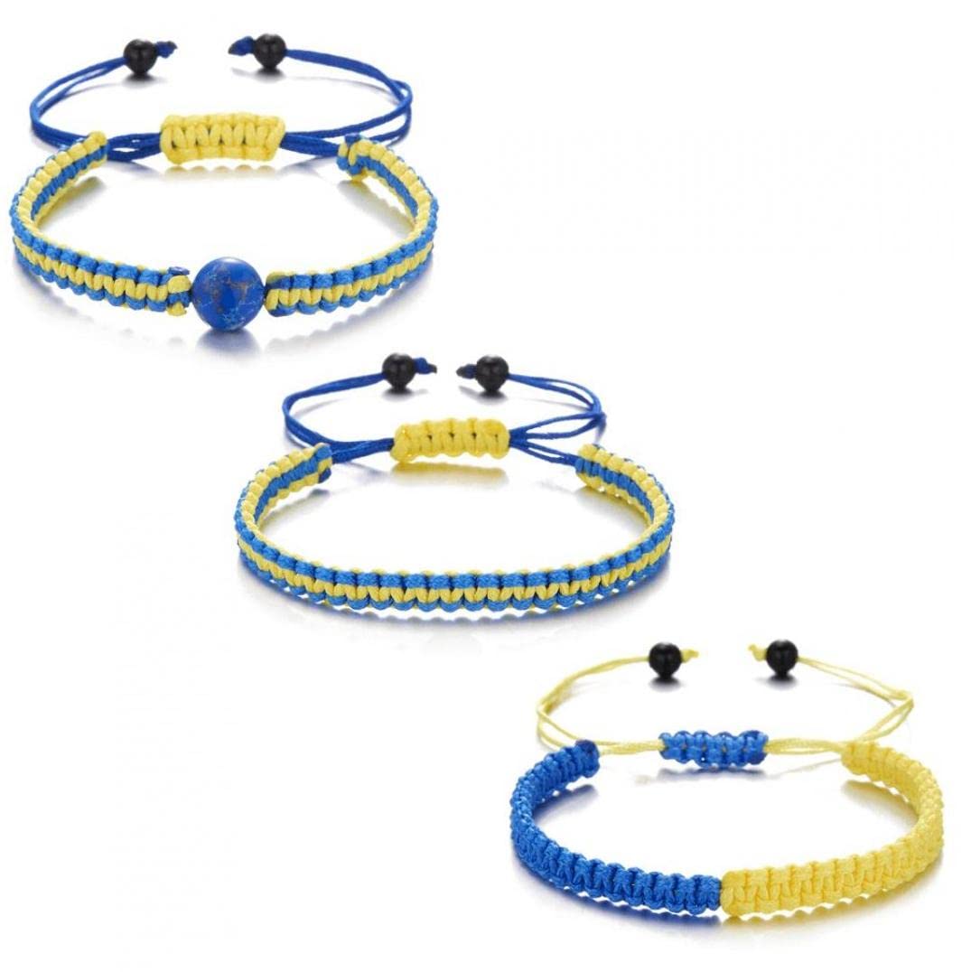 Ruluti Black,Blue Ukraine Bracelet With Stone Beads, 3Pcs Adjustable Handmade Weaving Pray For Ukraine Friendship Bracelets