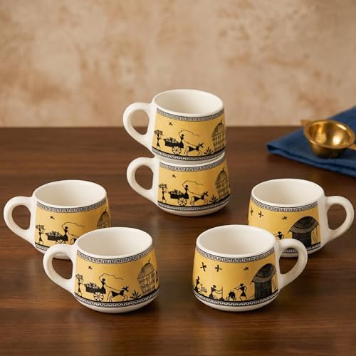 Image of The Earth Store Yellow Warli Art Ceramic Tea Cup Set of 6 for Tea | 140ML Each | Microwave & Dishwasher Safe | Perfect for Every Occasion Chai | Coffee Cups for Home, Office, Gifting & Daily Use