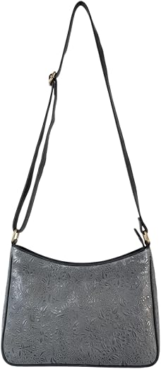 ADRIJA Women Grey Shoulder Sling Bag with Embossed Floral Design, Medium, Leather, Zipper Closure