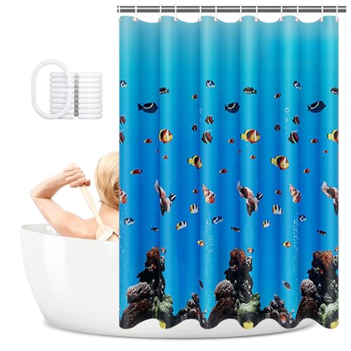 Rideau de douche long en PEVA pour salle de bain avec 12 crochets en plastique (monde sous-marin, 180 x 180 cm)