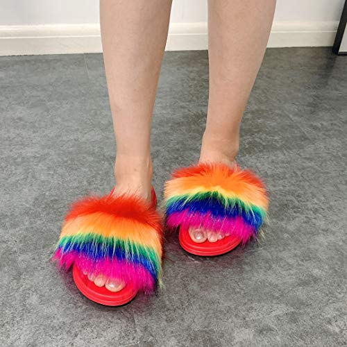 Image of Hangrui Women's Faux Fur Slides, Open Toe Cute Fluffy Slippers, Comfortable Furry Sandals