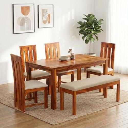 Image of SONA ART & CRAFTS Poster Sheesham Wood Dining Table Set 6 Seater Dinner Dinning Table with 4 Cushion Chair with 1 Bench for Dining Furniture for Living Room Home Hotel Office (Natural)