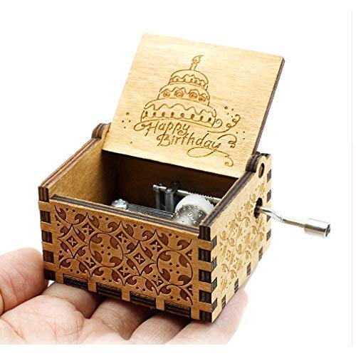 Image of Eitheo Wooden Antique Carved Hand Crank Happy Birthday Brown Music Box | Music Box with Hand Crank Birthday Gifts for Girls Boys Diwali Gifts for Kids Friends Family
