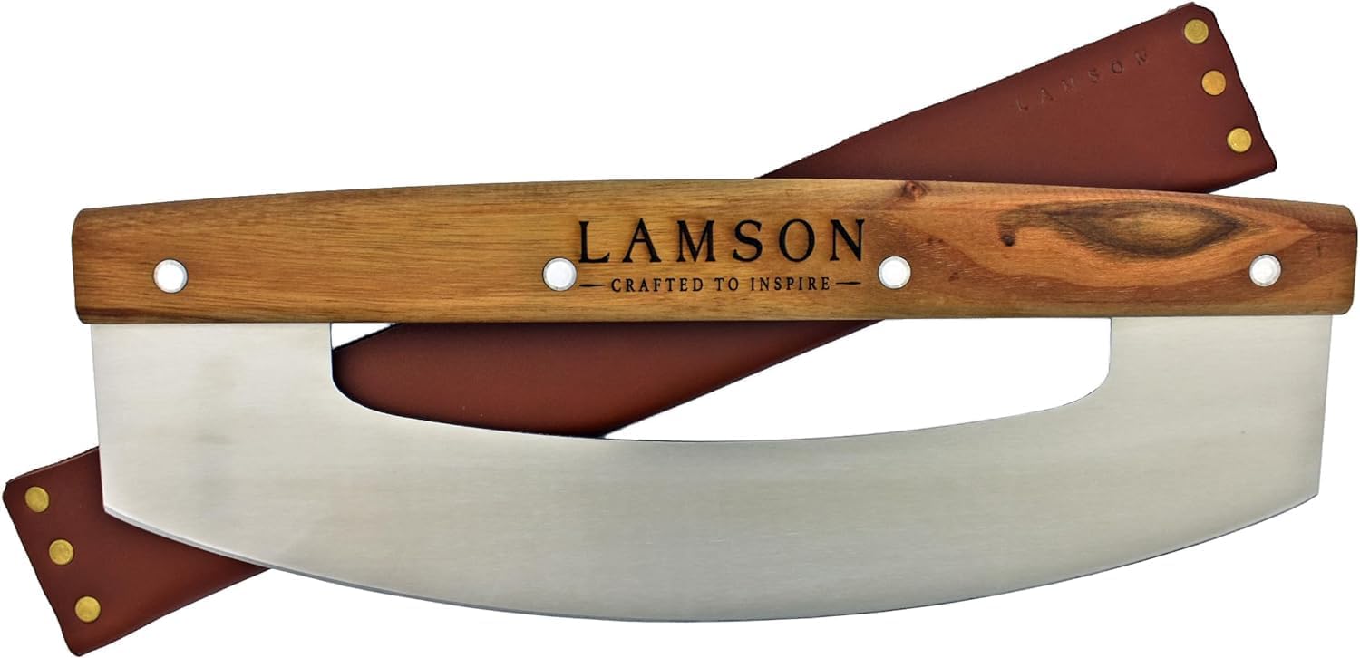 Lamson 14” Pizza Cutter Rocker With Solid Walnut Handle | Stainless Steel Pizza Slicer | Sheath For Pizza Rocker | Vegetable Tanned Bridle Leather Pizza Cutter Protective Cover