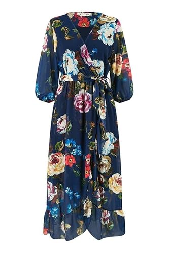 Yumi Navy Watercolour Dip Hem Midi Wrap Dress (UK, Numeric, 16, Regular, Regular, Navy)