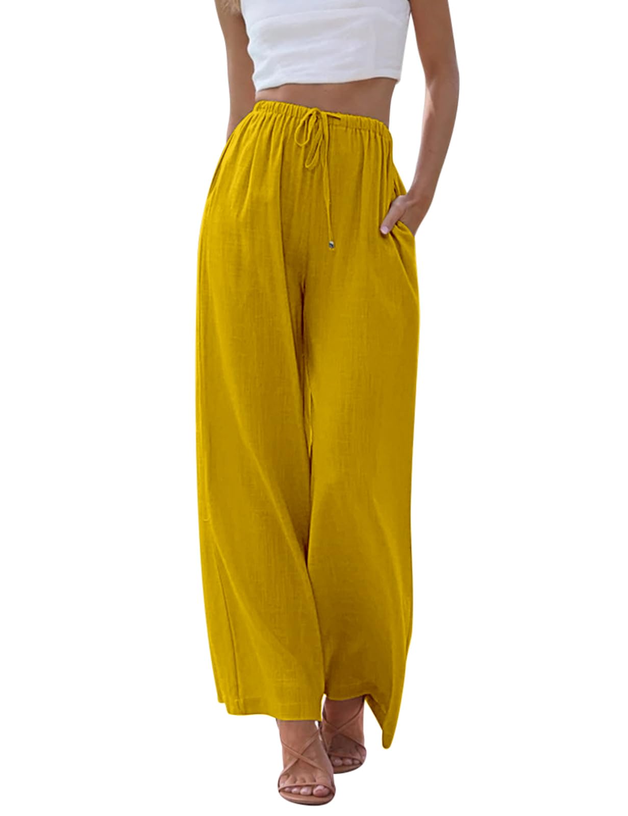 Voqeen Mujer Pantalones de Lino Anchos Verano Casual Pantalon Frescos Cintura Alta Elástico Cordón con Bolsillos Palazzo Pants de Playa Largos Suelto Pantalón Vintage Ligeros y Cómodos
