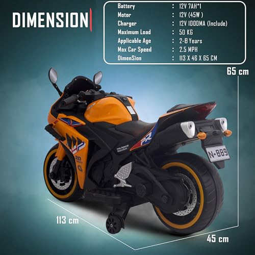 Image of Wishmaster Kids Battery Operated Ride-On Super Bike | Electric Rechargeable Bike for Boys & Girls 2-8 Years | Lights, Music, Training Wheels, | 100% Ready to Use Assembled (Blaze Orange)