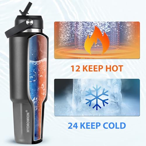 Image of HYDROWION 40 oz Insulated Water Bottle, Car Water Bottle Holder - Double Wall Vacuum Insulated Travel Bottle with Straw Lid, Spout Lid and Flex Cap - Cold for 24H, Hot for 12H, Black - Grey