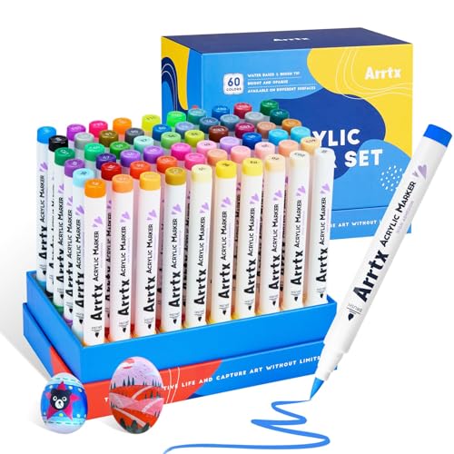 Arrtx Markers Paint Pens 60 Colors, Acrylic Paint Pens Brush Tip for Wood, Canvas, Stone, Rock Painting, Ceramic Surfaces, DIY Crafts Making Art Supplies-with Neon & Metallic & Regular Color