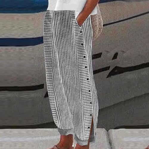 Striped Linen Pants Women Side Button Elastic Waist Straight Leg Pants Printed Loose Summer Beach Boho Trousers with Pockets2