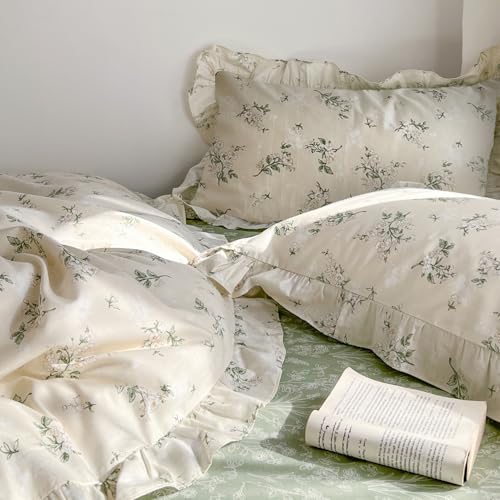 Image of MKXI Botanical Floral Duvet Cover Full Beige Girls Floral Ruffled Bedding Set Cottagecore Flower Comforter Cover Green Reversible Aesthetic Bed Set Cotton Elegant Style Students Duvet Cover