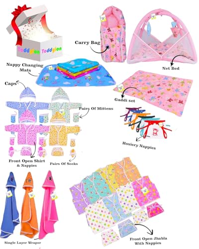 Image of Toddylon Flat Bed 56 in 1 New Born Baby Products All Baby Bedding Set | Baby Clothes | Gift Packs | Hospital Kit | Essentials Items | Infants Combo (0-6 Months)