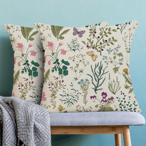 Image of AEIOAE Spring Pillow Covers 16x16 Inch Set of 2,Sage Green Teal Wild Flower Plant Throw Pillows Case,Seasonal Floral Outdoor Decorative Linen Farmhouse Decor Cushion Covers for Home Sofa Bed Couch