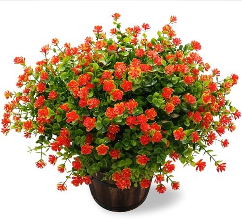 Artificial Mums Fall Flowers for Outdoors Fake Plants, 16 Bundles Faux Eucalyptus Flower Plants UV Resistant No Fade Faux Shrubs Home Garden Thanksgiving Porch Patio Autumn Decoration