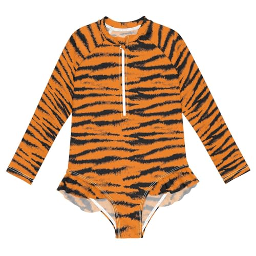 Girls Swimsuits Long Sleeve Bathing Suits Tiger Print UPF 50+ Sun Protection Swimwear 3-12 Years