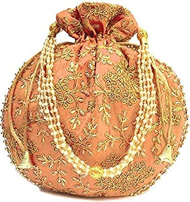 Indian Ethnic Designer Embroidered Silk Potli Bag Batwa Pearls Handle Purse Clutch Purse for Women