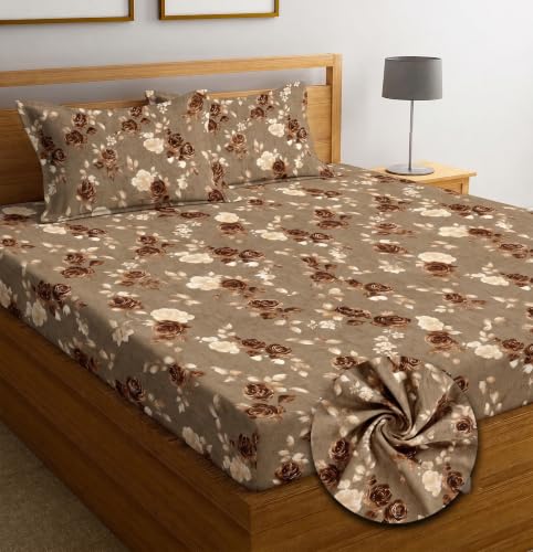 Image of IVAZA Ezyption Cotton Super Soft 240 TC Elastic Fitted All Around Elastic Printed King Size Double Bed Bedsheet with 2 Pillow Cover 72 inch X 78 inch3 Chocolate Brown