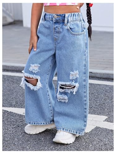 GORGLITTER Girls Ripped Jeans Vintage High Waisted Wide Leg Distressed Denim Pants3
