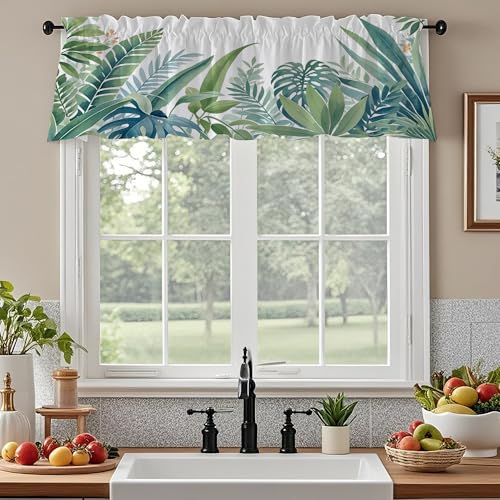 Opeoddie Tropical Green Leaf Kitchen Valance Window Curtain ...