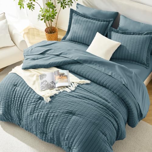 Image of HIMEET Queen Comforter Set, 7-Piece Seersucker Bed in a Bag, Mineral Blue | 90 GSM Brushed Fabric, 240 GSM Fill, 90 x 90-Inch Comforter, 14-Inch Deep Pocket, OEKO-TEX Certified, All-Season Comfort
