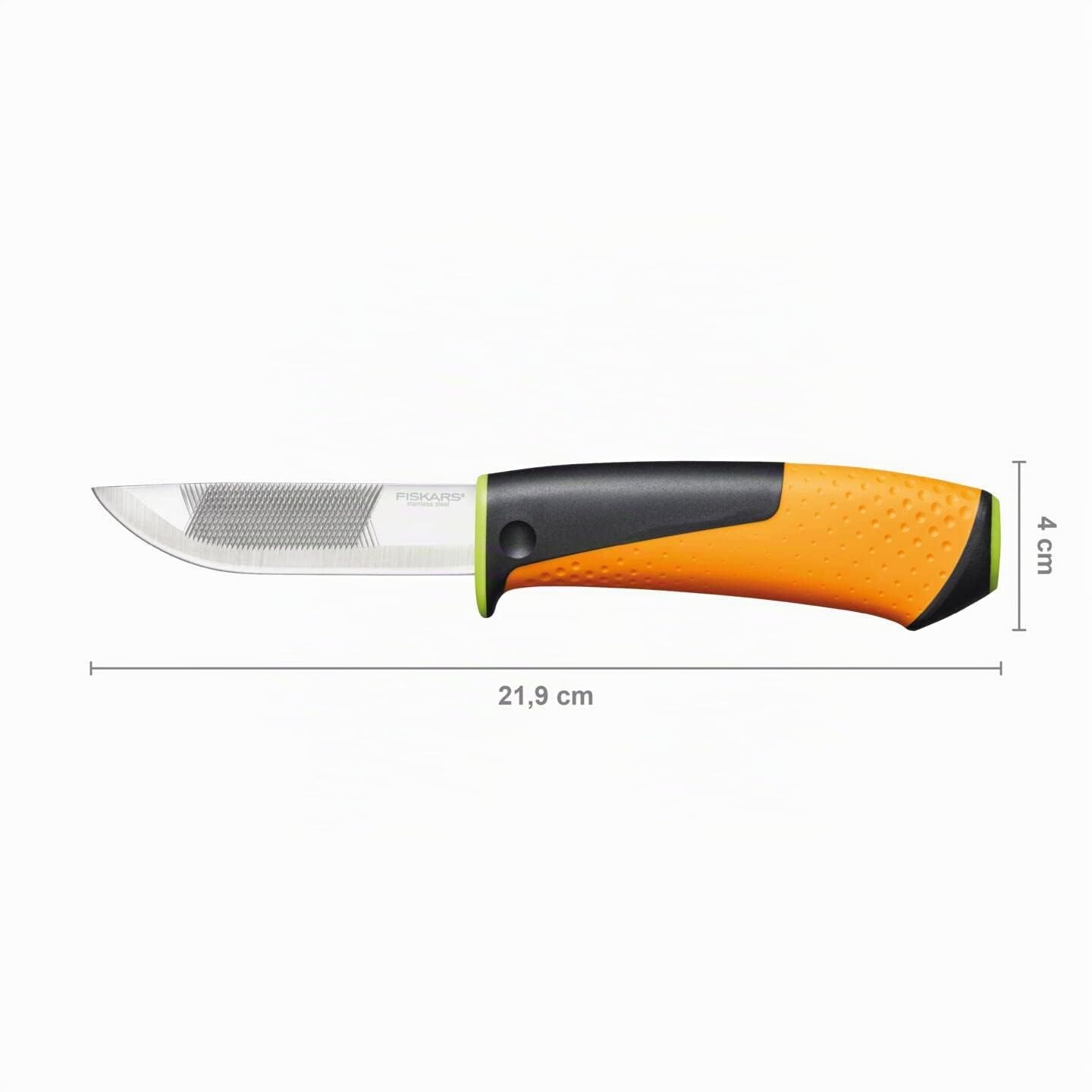 Fiskars Hochleistungsschere, Länge 21 cm, Schwarz/Orange, PowerArc, 1027204 & Hochleistungsmesser inklusive Holster mit integriertem Messerschärfer, Gesamtlänge: 21,9 cm, Schwarz/Orange/Grün, 1023619