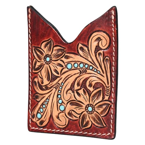 American Darling Floral Women & Men Hand Carved Genuine Leather Card Holder Turquoise/Brown | Handcrafted Western Belt