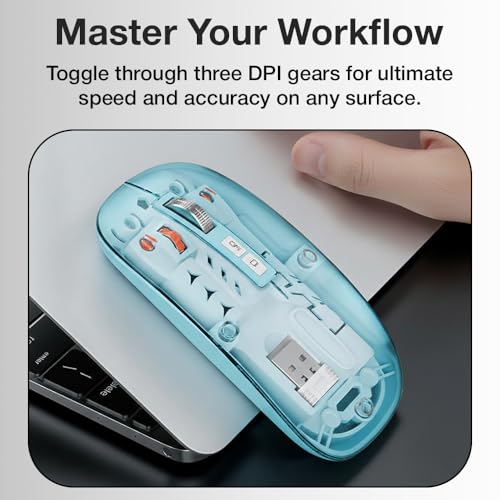 Image of Glassology Transparent 2.4GHz Wireless + Bluetooth Mouse, Multi-Device Dual Mode Slim Rechargeable Silent Click Buttons Wireless BT Mouse, Adjustable DPI 800-1200-1600 Blue