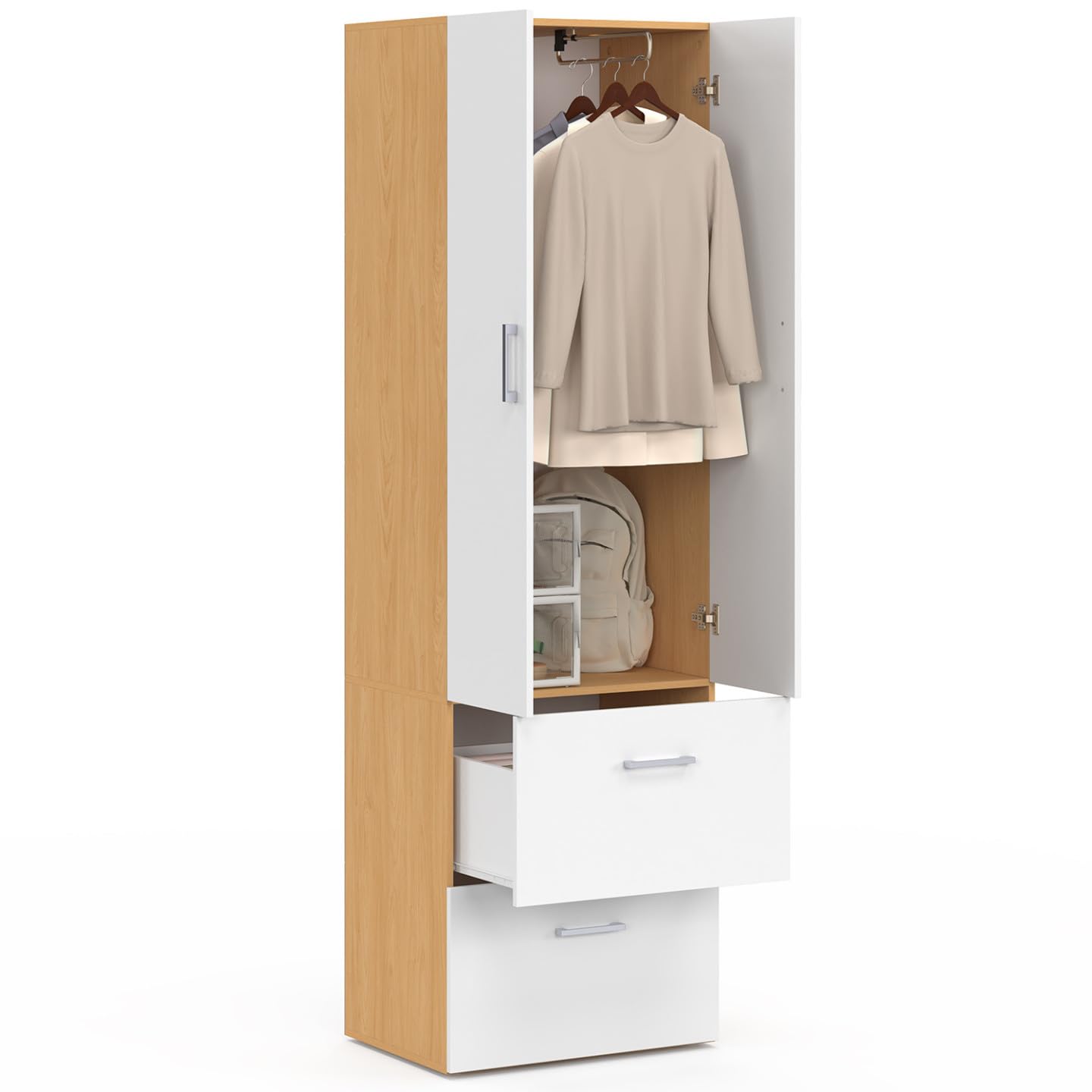 IDMarket - Armario Juliana de 2 puertas blanco y madera armario 50 cm con 2 cajones