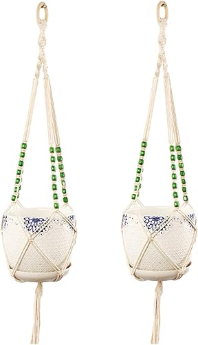 QTJUST Colgador de macramé para macetas para interiores y exteriores, paquete de 2 colgadores de plantas hecho a mano, para colgar macetas,