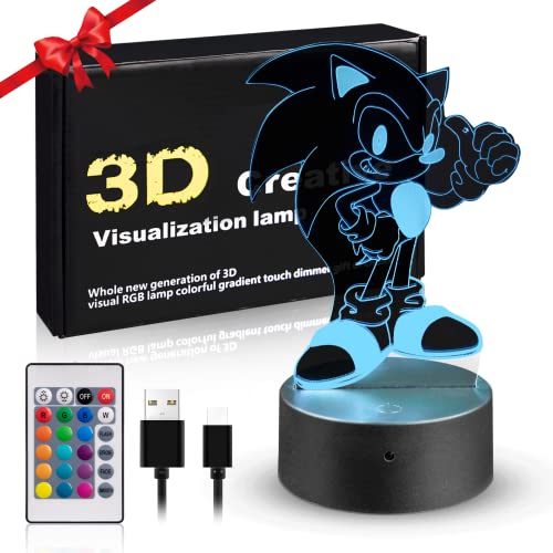 Moocuca Veilleuse Sonic pour Hedgehog Lampe 3D pour Enfants Télécommande 16 Variations De Couleurs Décoration de Eable de Chevet Ambiance Créative Cover