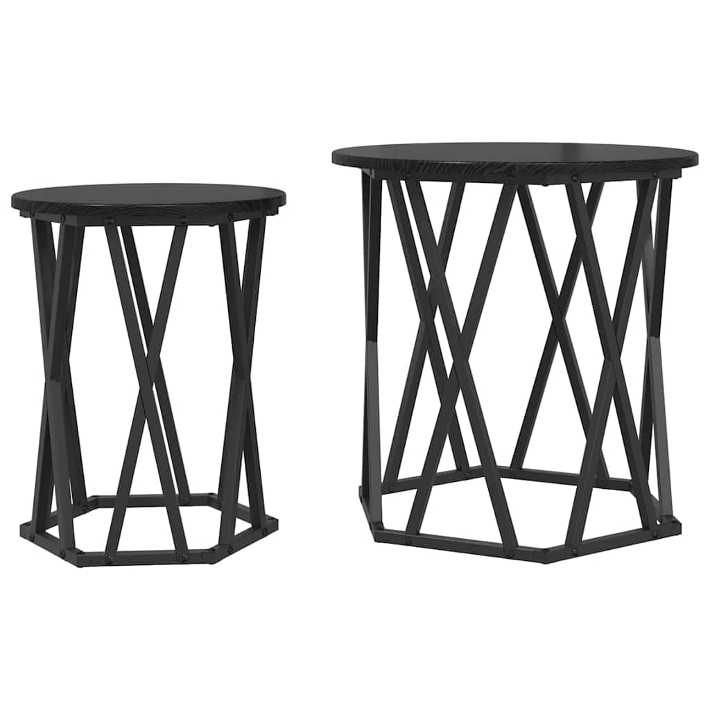 Juego de 2 mesas auxiliares de madera de roble negro, hexagonales, modernas, para salón, con diseño duradero